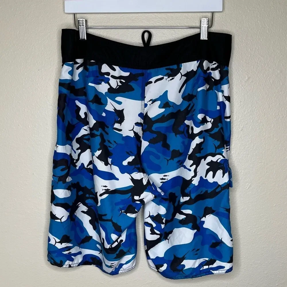 Pelagic Fish Camo Board Short White Black Blue Swim Surf SUP Men Size 34 FLAW